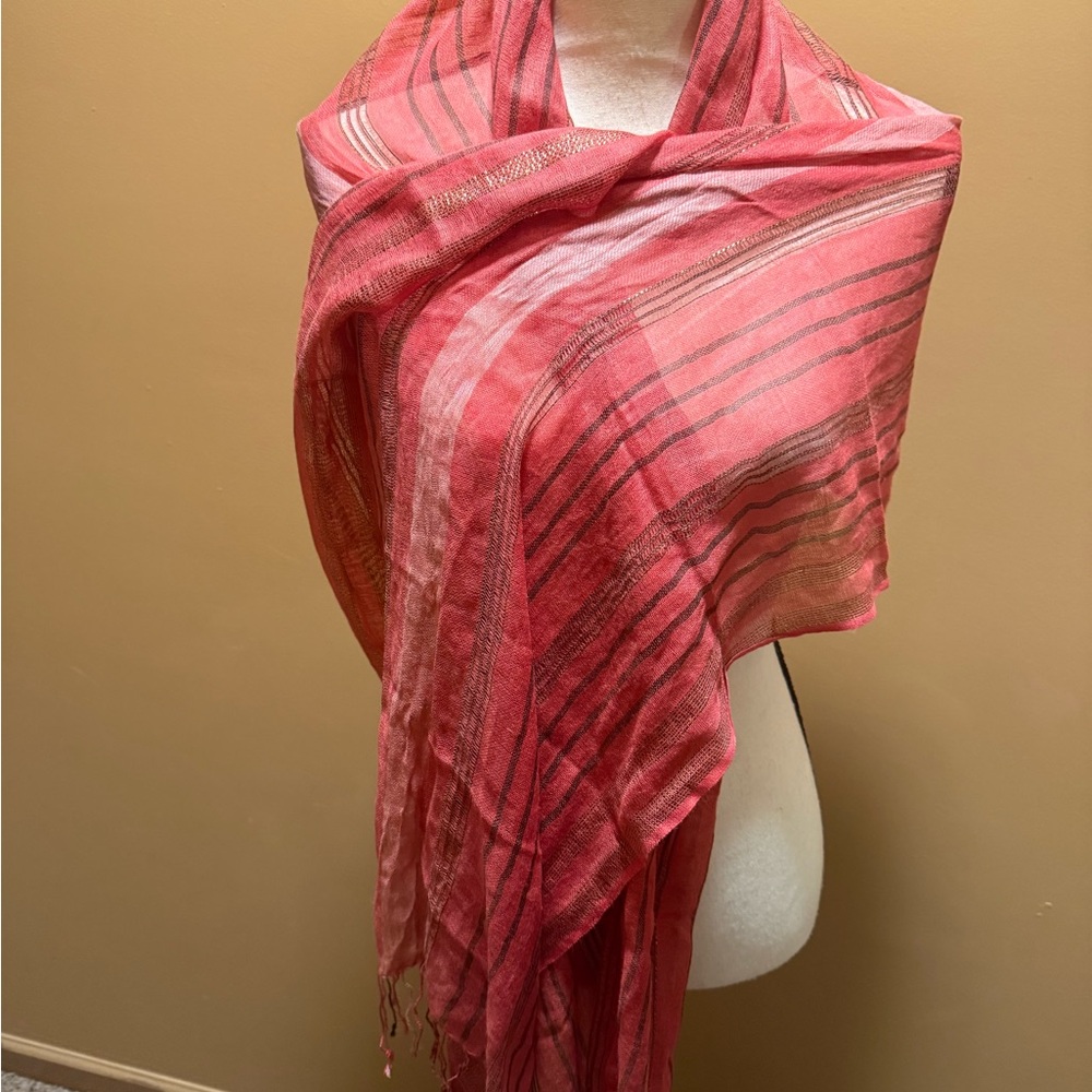 Talbots Red pink Metallic Scarf wrap fringed azlon made in India NWT - Picture 5 of 10